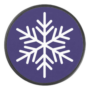 Fun Bold White Nordic Snowflake On Navy Blue Hockey Puck