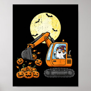 Fun Boo Driving Excavator Pumpkin Funny Halloween Poster