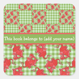Fun Bookplate to Personalise: Cute Red Dragons Square Sticker