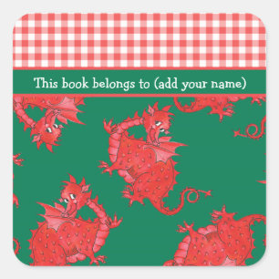 Fun Bookplates to Personalise: Cute Red Dragon Square Sticker