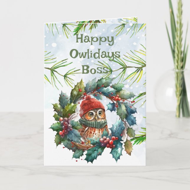 Fun Boss Christmas Owl Animal Wildlife Nature Card (Front)