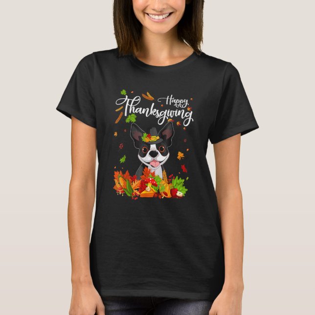 Fun Boston Terrier Thanksgiving Autumn Dog T-Shirt (Front)