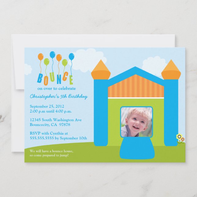 Fun bounce house birthday party photo invitation (Front)