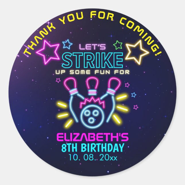 Fun Bowling Neon  Birthday Girl Classic Round Sticker (Front)