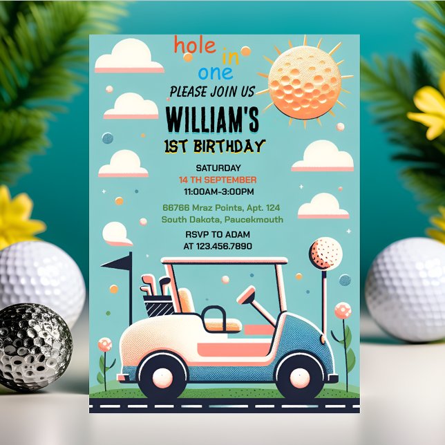 fun boy cute golf hole in one first 1st birthday invitation (Creator Uploaded)