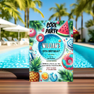 fun boy water blue Cool Pool Party 13th Birthday Invitation