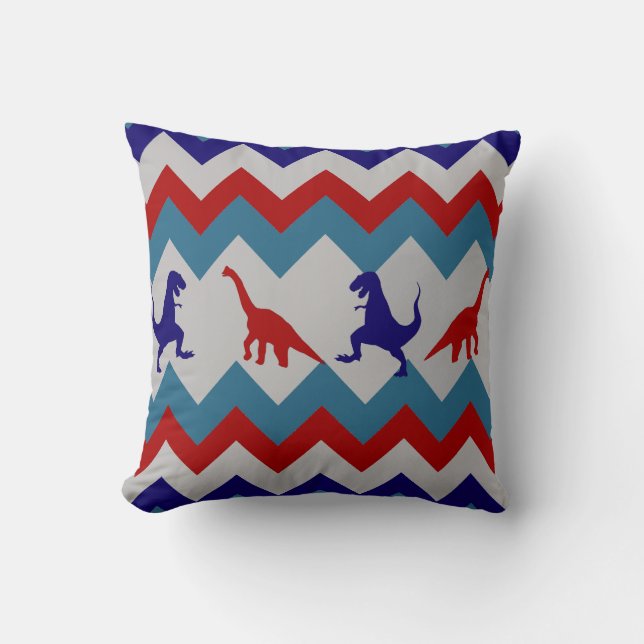 Fun Boys Dinosaurs Red Blue Chevron Pattern Cushion (Front)