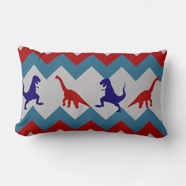 Fun Boys Dinosaurs Red Blue Chevron Pattern Lumbar Cushion (Front)