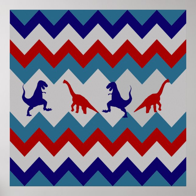 Fun Boys Dinosaurs Red Blue Chevron Pattern Poster (Front)