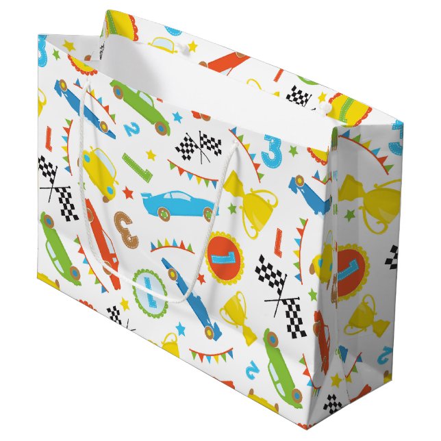 Fun boys race car pattern party gift bag (Front Angled)
