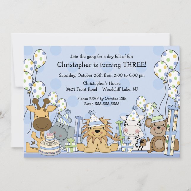 Fun Boys Safari Animals Birthday Invitation (Front)