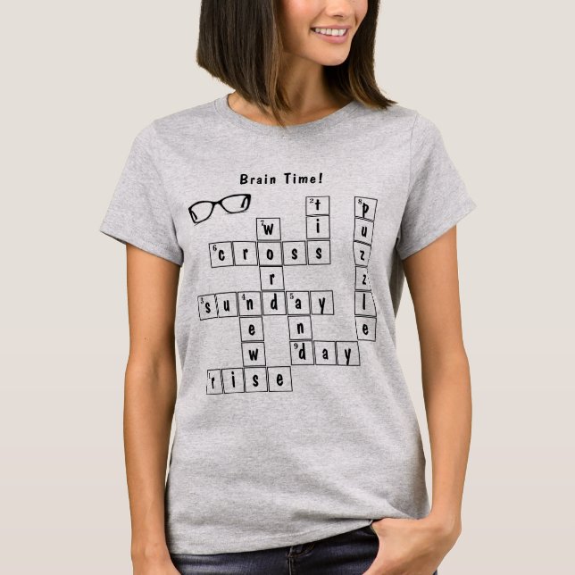 Fun "Brain Time!" Crossword Puzzle Eyeglasses Art  T-Shirt (Front)