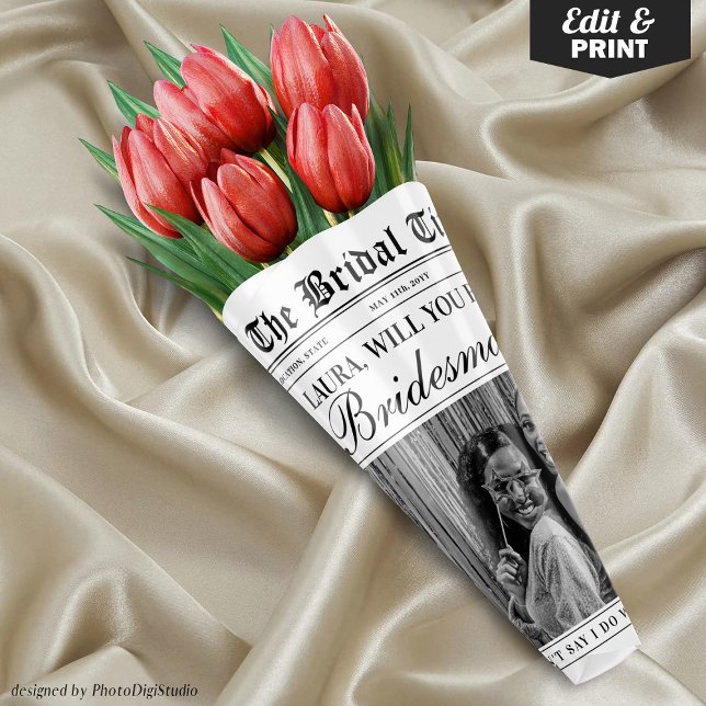 Fun Bridesmaid Proposal Newspaper Flower Bouquet Wrapping Paper Sheet (Editable Fun Bridesmaid Proposal Newspaper Flower Bouquet Wrapping Paper Sheets)