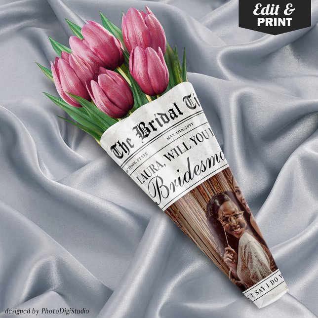 Fun Bridesmaid Proposal Newspaper Flower Bouquet Wrapping Paper Sheet (Editable Fun Bridesmaid Proposal Newspaper Flower Bouquet Wrapping Paper Sheets)