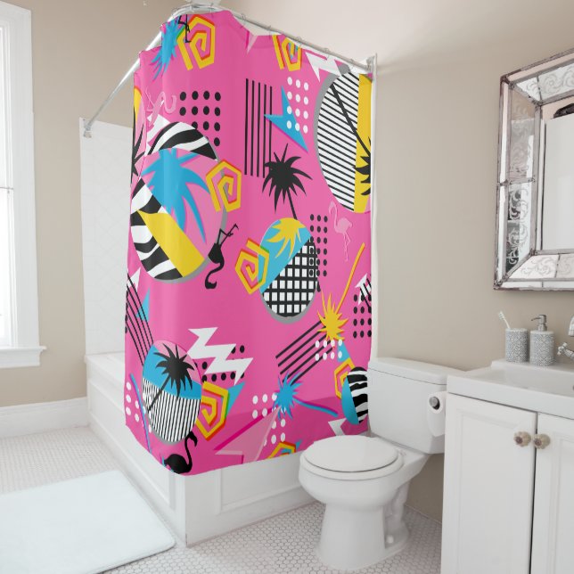 Fun bright and bold 80s nostalgia pattern shower curtain (In Situ)
