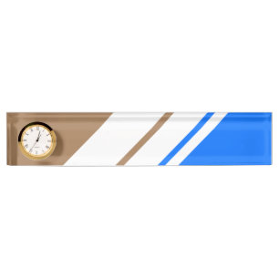 Fun Bright Blue Mocha White Racing Stripes Clock Nameplate