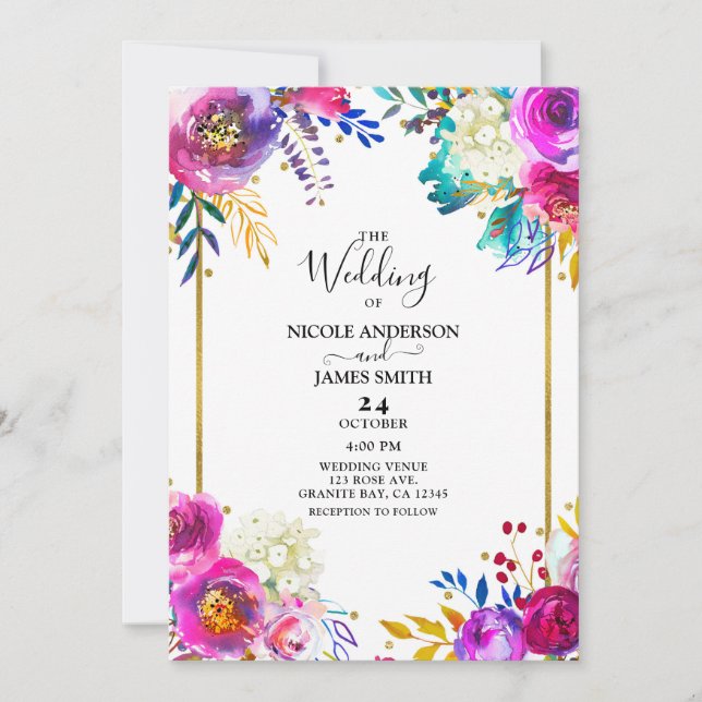 Fun Bright Bold Colour Watercolor Floral Wedding Invitation (Front)