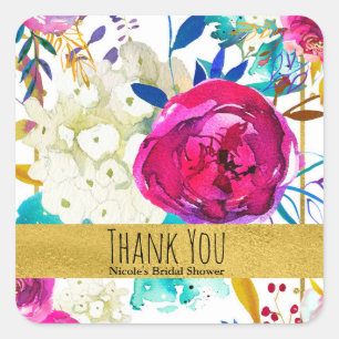 Fun Bright Bold Watercolor Floral Bridal Shower Square Sticker