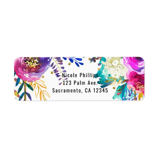 Fun Bright Bold Watercolor Floral Glam Elegant Return Address Label