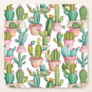 Fun bright cacti square paper coaster