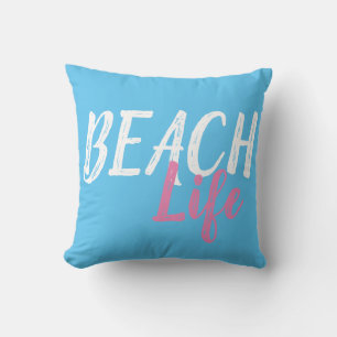 fun bright colours BEACH LIFE sky blue Cushion
