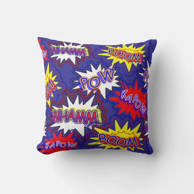 Fun Bright Comic Book Exclamations Pow Boom Kapow Cushion (Front)