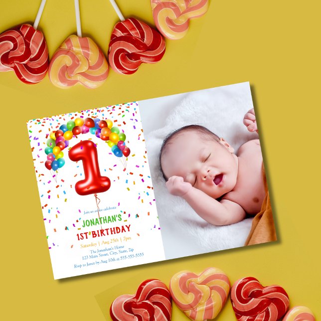 Fun Bright Confetti Balloons Photo 1st Birthday Invitation (Creator Uploaded)
