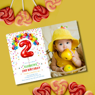 Fun Bright Confetti Balloons Photo 2nd Birthday Invitation