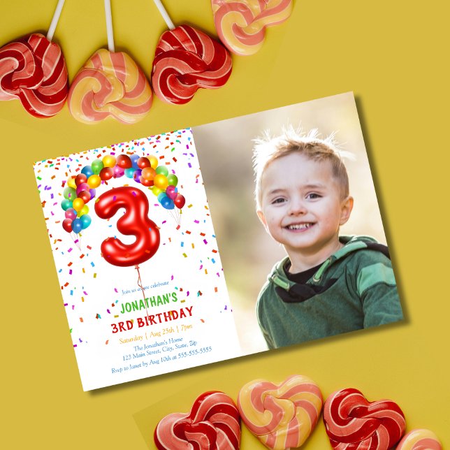 Fun Bright Confetti Balloons Photo 3rd Birthday Invitation (Creator Uploaded)