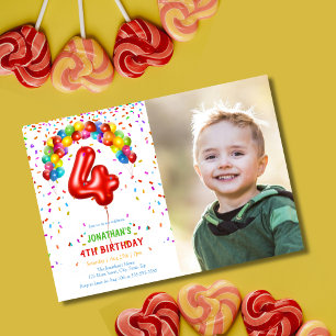 Fun Bright Confetti Balloons Photo 4th Birthday Invitation