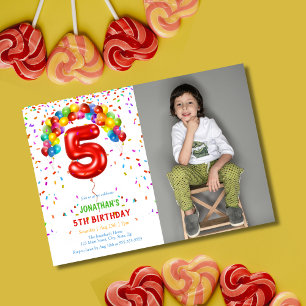 Fun Bright Confetti Balloons Photo 5th Birthday Invitation