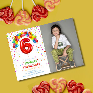 Fun Bright Confetti Balloons Photo 6th Birthday Invitation