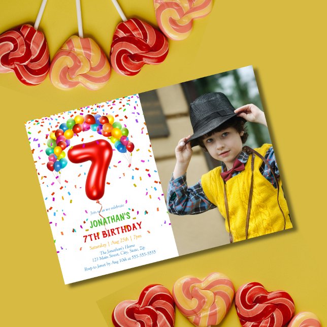 Fun Bright Confetti Balloons Photo 7th Birthday Invitation (Creator Uploaded)