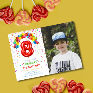 Fun Bright Confetti Balloons Photo 8th Birthday Invitation