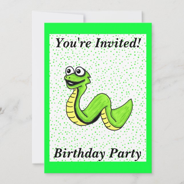 Fun Bright Green Kids Birthday Snake Polka Dots Invitation (Front)