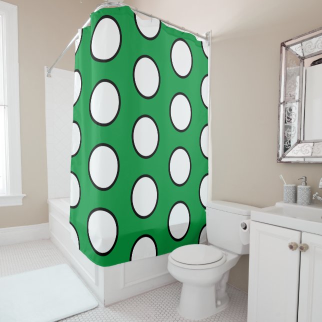 Fun Bright Green Tiled Black White Bold Circles Shower Curtain (In Situ)