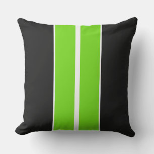 Fun Bright Lime Green Black White Racing Stripes Cushion