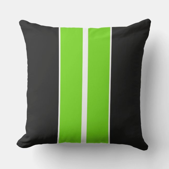 Fun Bright Lime Green Black White Racing Stripes Cushion (Front)