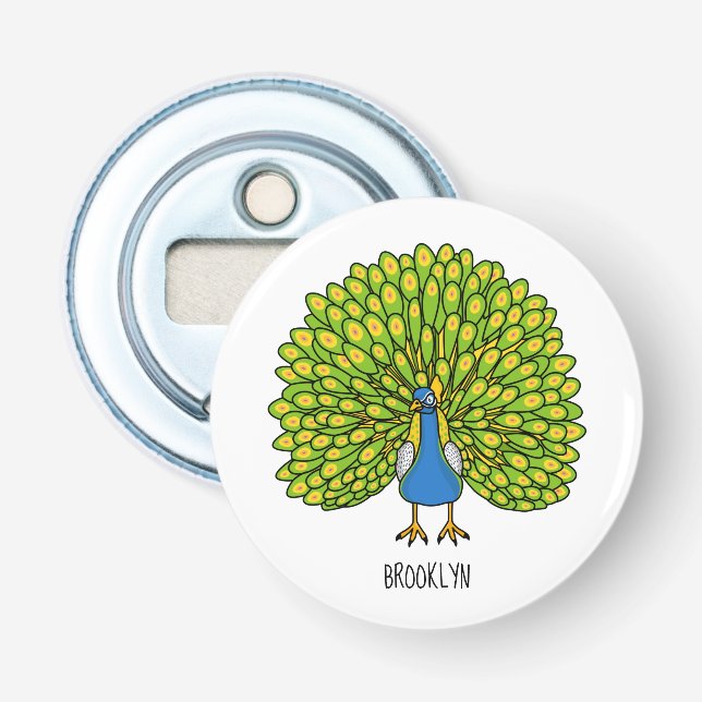 Fun bright peacock bird illustration bottle opener (Front)