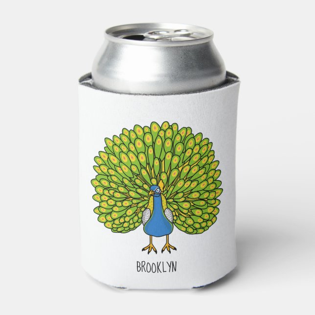 Fun bright peacock bird illustration can cooler (Can Front)
