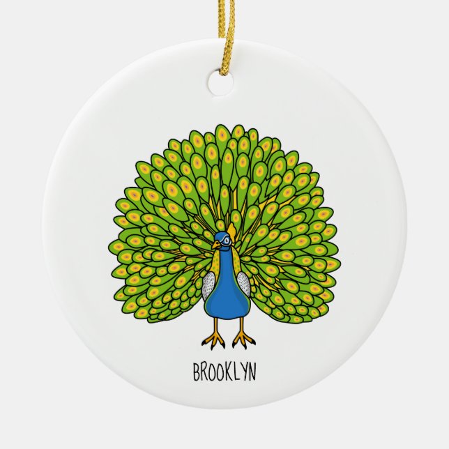 Fun bright peacock bird illustration ceramic ornament (Front)