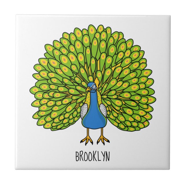 Fun bright peacock bird illustration  ceramic tile (Front)