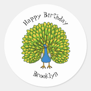 Fun bright peacock bird illustration classic round sticker