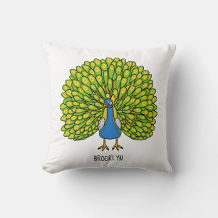 Fun bright peacock bird illustration cushion