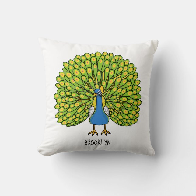 Fun bright peacock bird illustration cushion (Front)