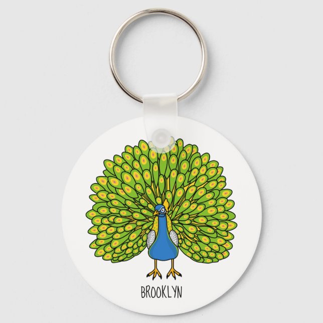 Fun bright peacock bird illustration key ring (Front)