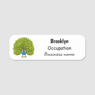Fun bright peacock bird illustration name tag