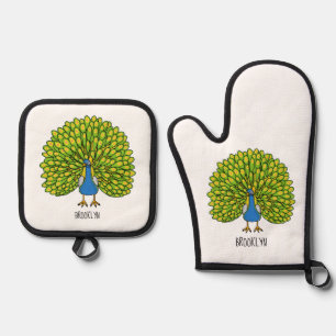 Fun bright peacock bird illustration oven mitt & pot holder set