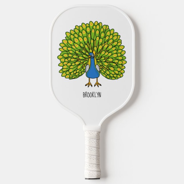 Fun bright peacock bird illustration pickleball paddle (Front)