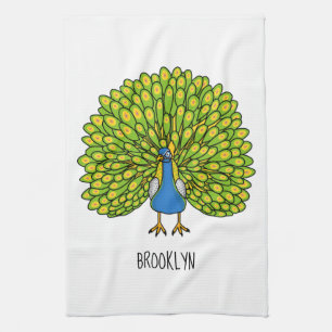 Fun bright peacock bird illustration tea towel